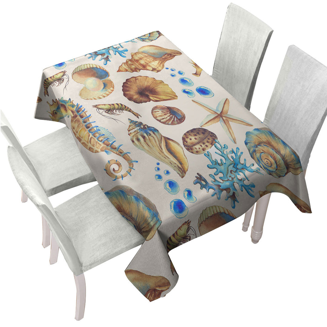 Golden Blue Seashells Tablecloths