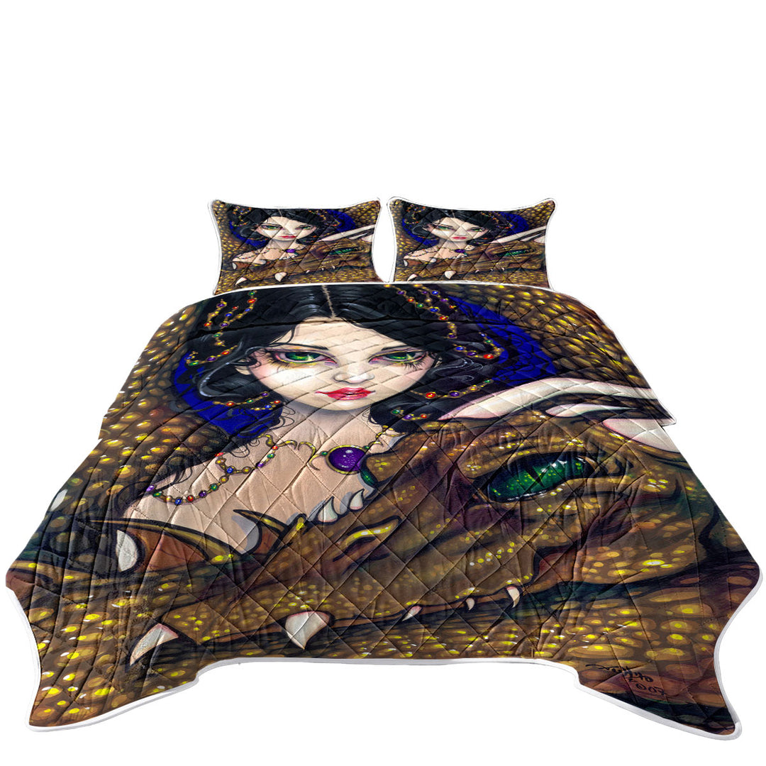 Golden Guardian Elf Maiden and Her Dragon Coverlet