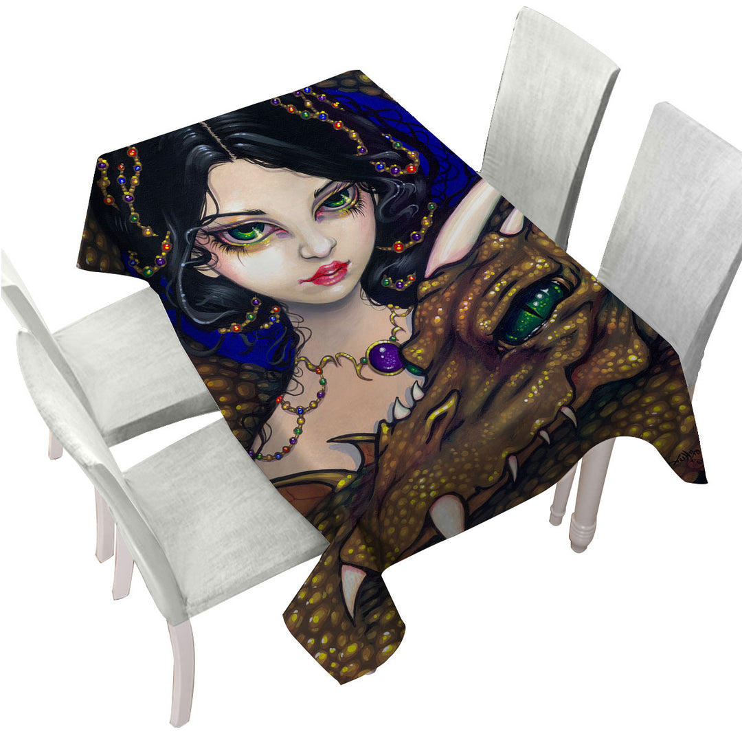 Golden Guardian Elf Maiden and Her Dragon Tablecloth