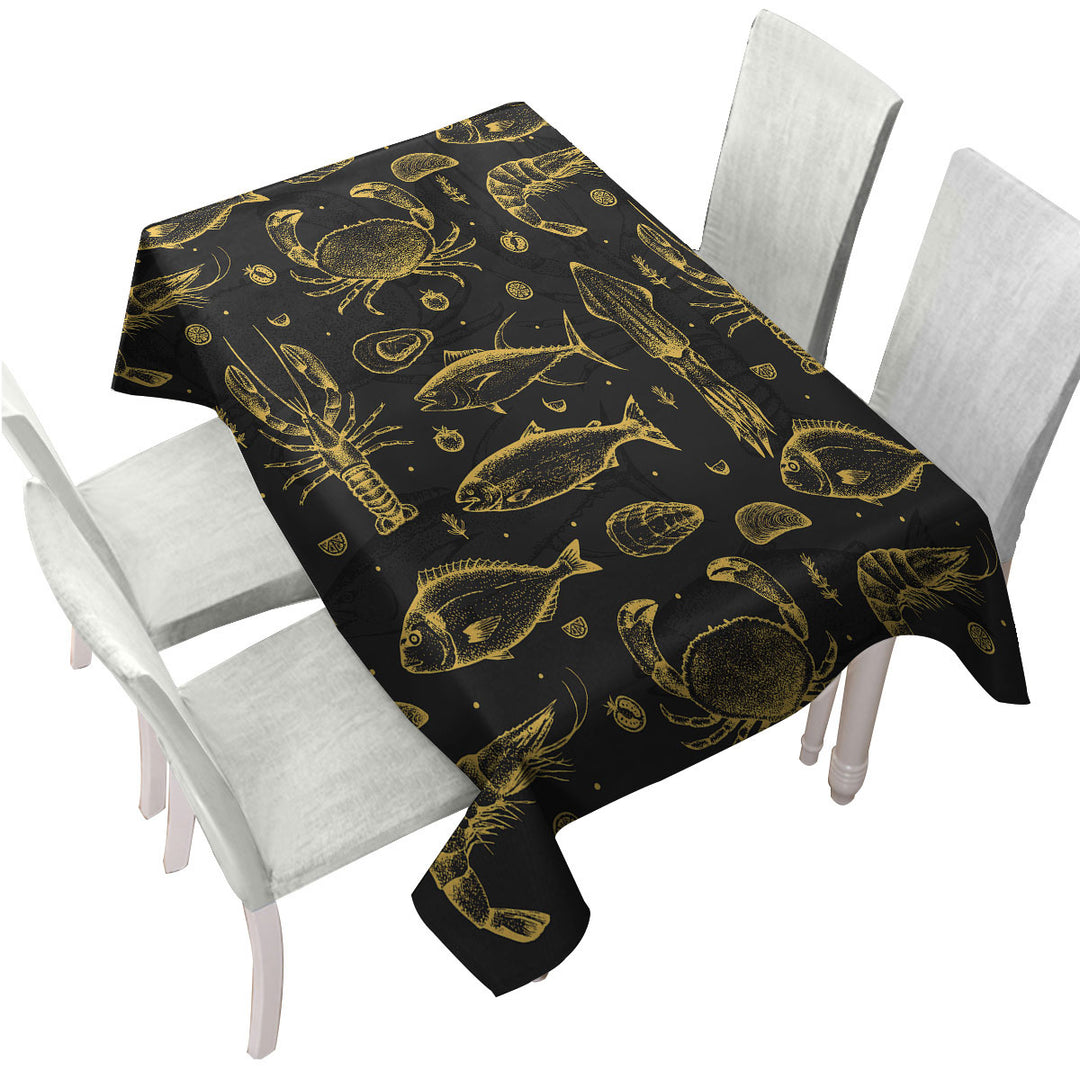 Golden Seafood Fish Crab and Squid Custom table cloth