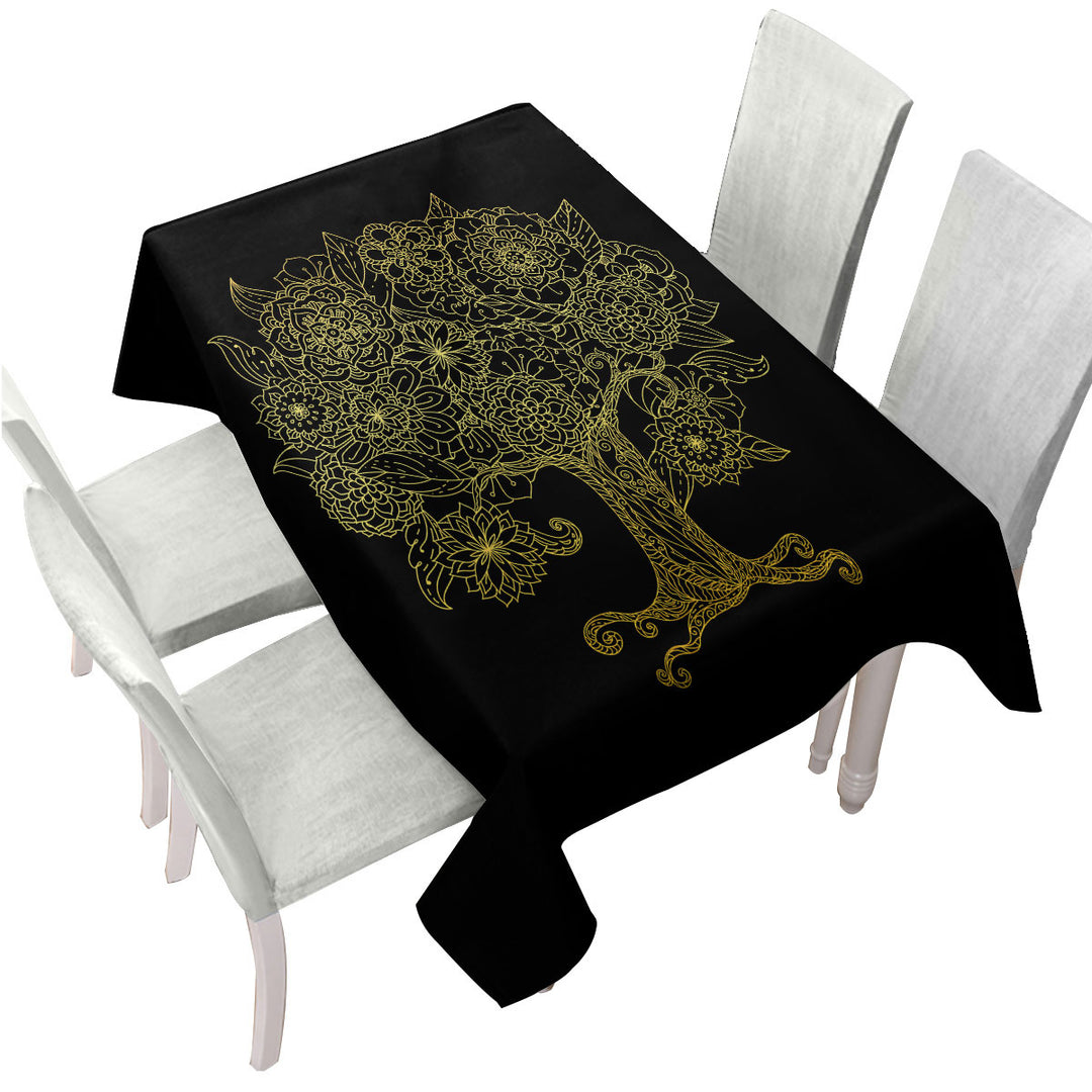 Golden Tree Drawing over Black Tablecloths