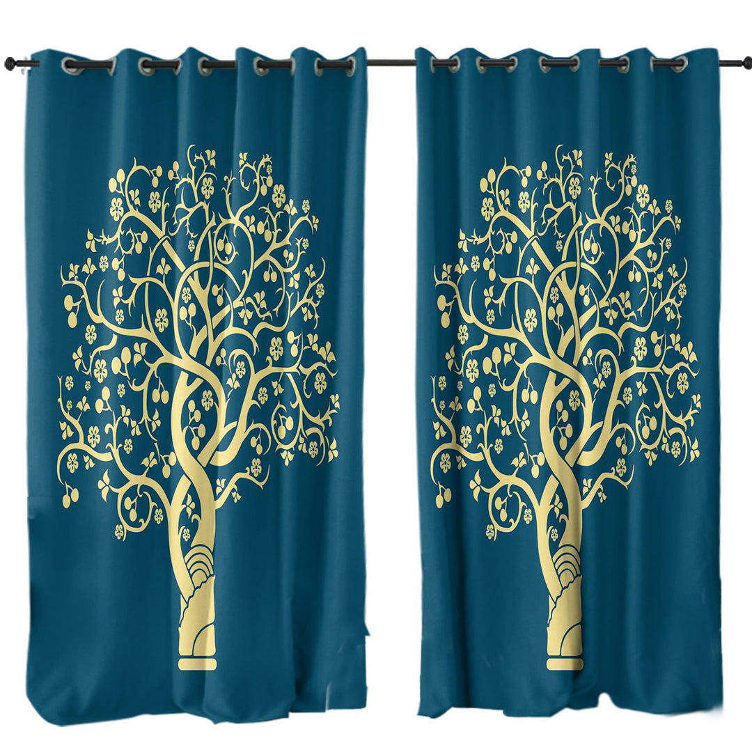 Golden Yellow Tree over Blue Curtains for Living Room