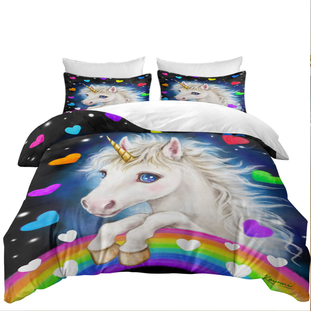 Good Duvet Covers with Colorful Lovely Unicorn Rainbow and Hearts