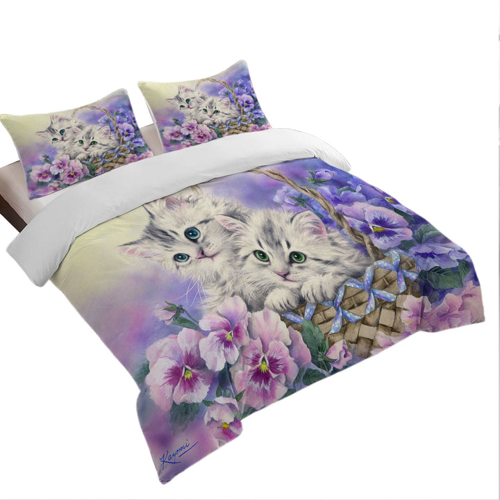 Good Duvet Covers with Purple Violet Flowers Sweet Spring Basket Kittens
