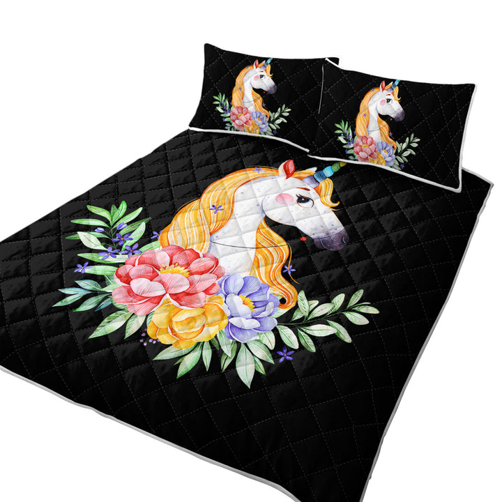 Gorgeous Unicorn and Flowers California King Quilt Sets