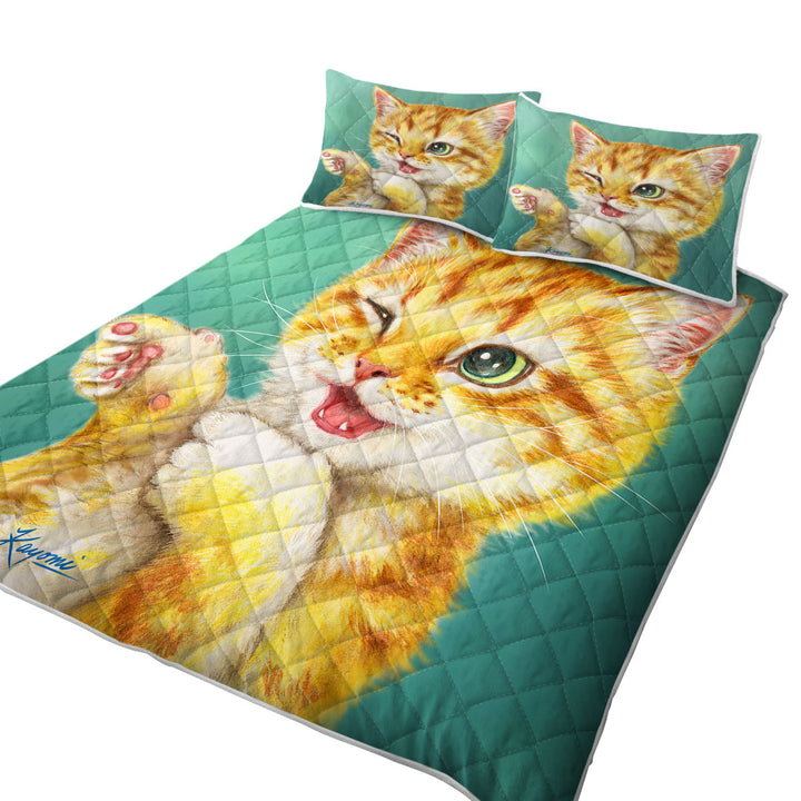 Gotcha Winking Cool Cat Ginger Kitten King Quilt