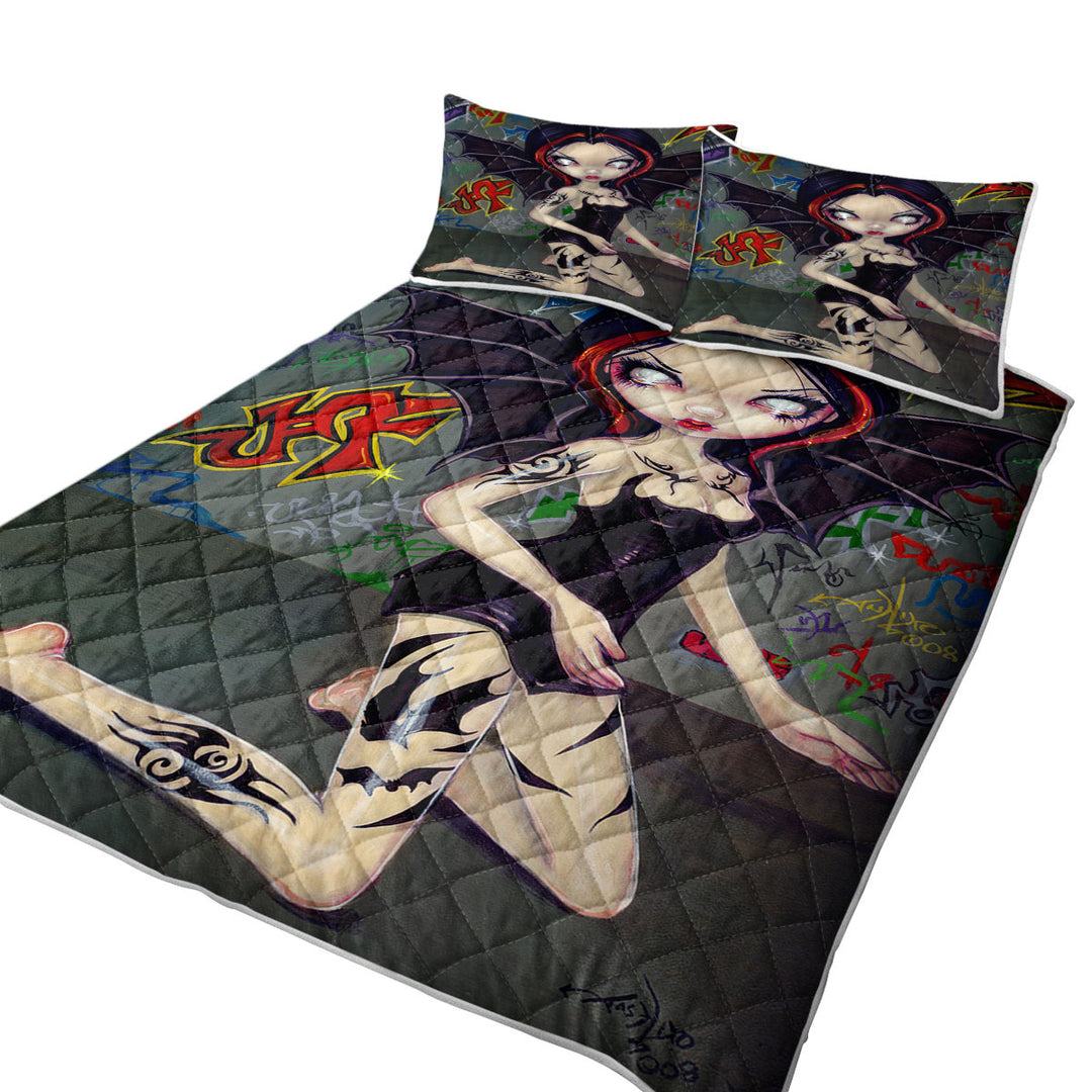 Goth Bat Fairy Girl with Bat Tattoos California King Quilt Sets