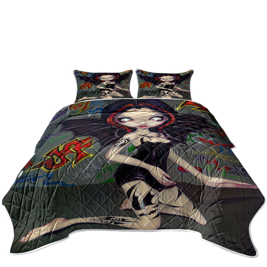 Goth Bat Fairy Girl with Bat Tattoos King Size Quilt Sets