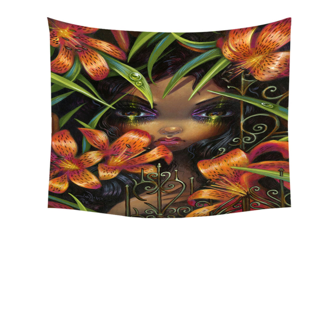 tiger lily language of flowers Gothic Art the Language of Flowers Tiger Lily Girl Tapestry – Handful of Prints
