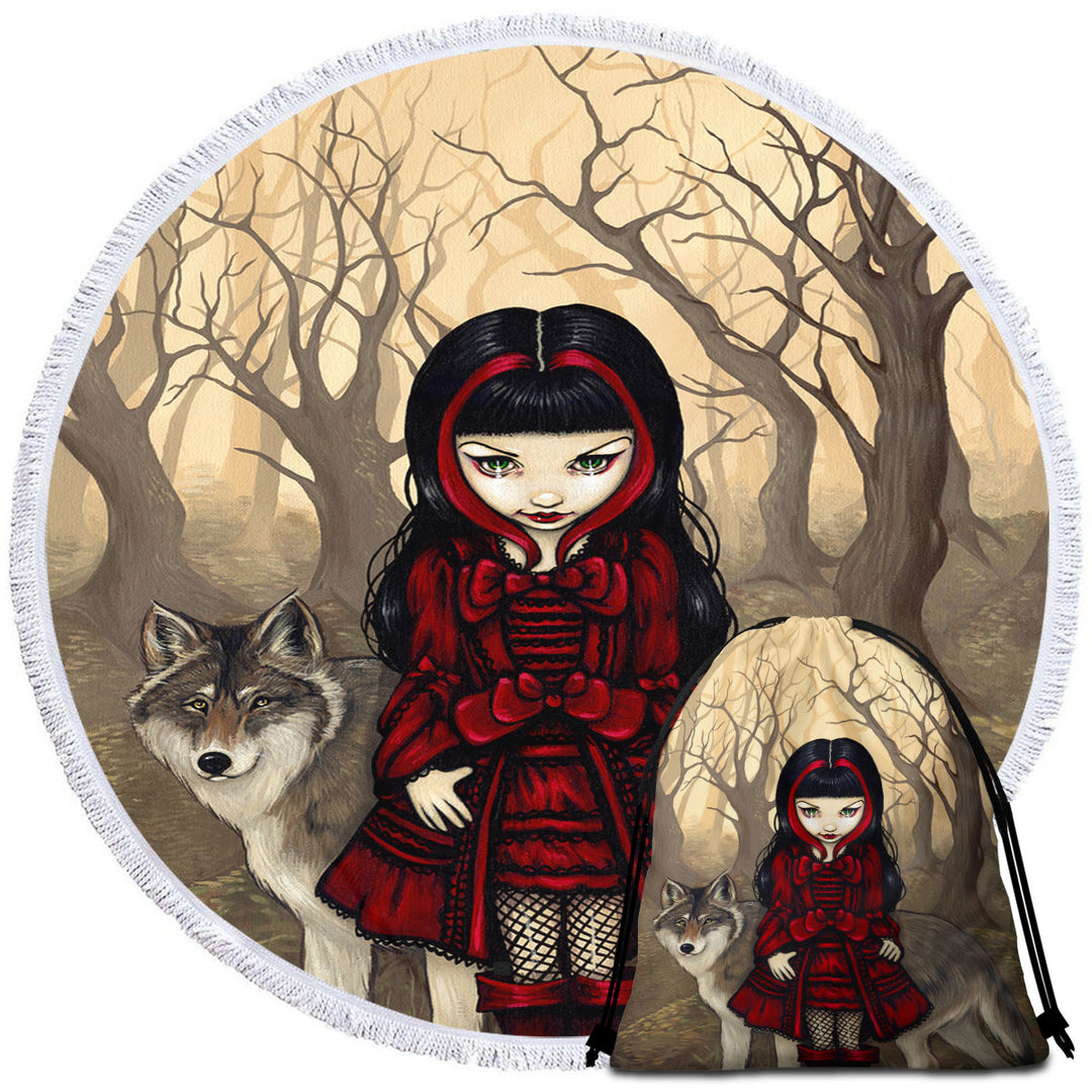 Gothic Big Beach Towels Style Wolf and Red Riding Hood in Autumn