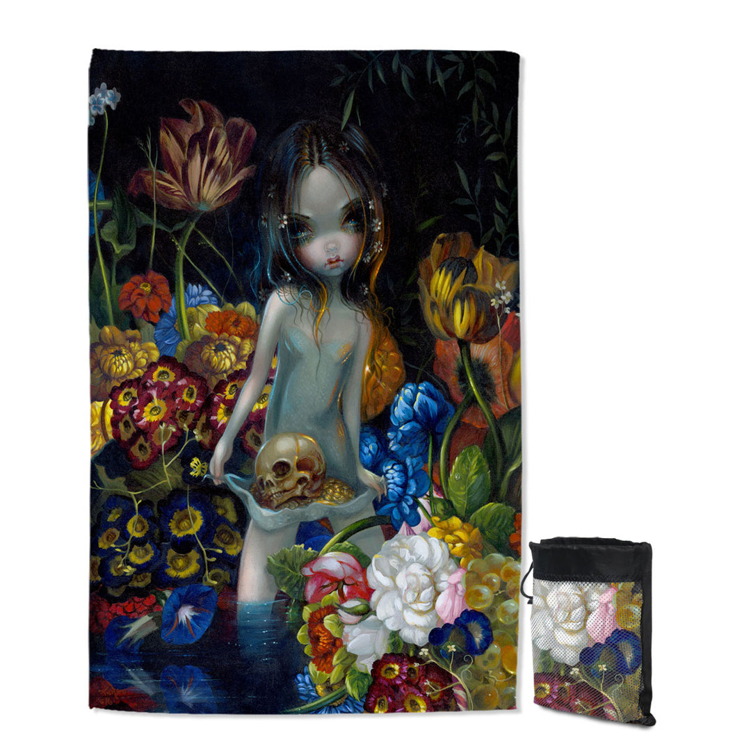 Gothic Microfiber Towels for Travel Art The Offering Forest Nymph Girl with Skull