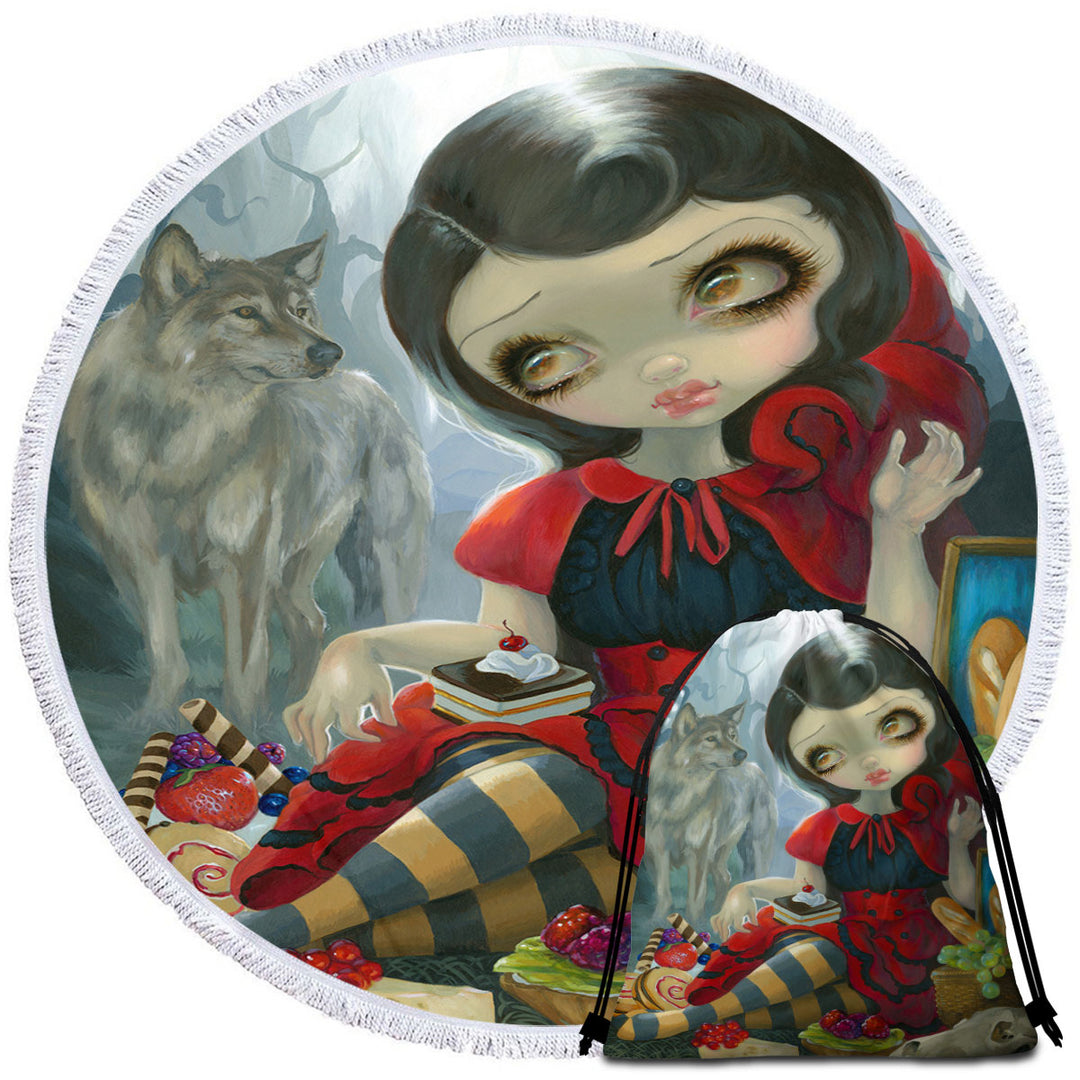 Gothic Style Wolf and Red Riding Hood Round Beach Towel