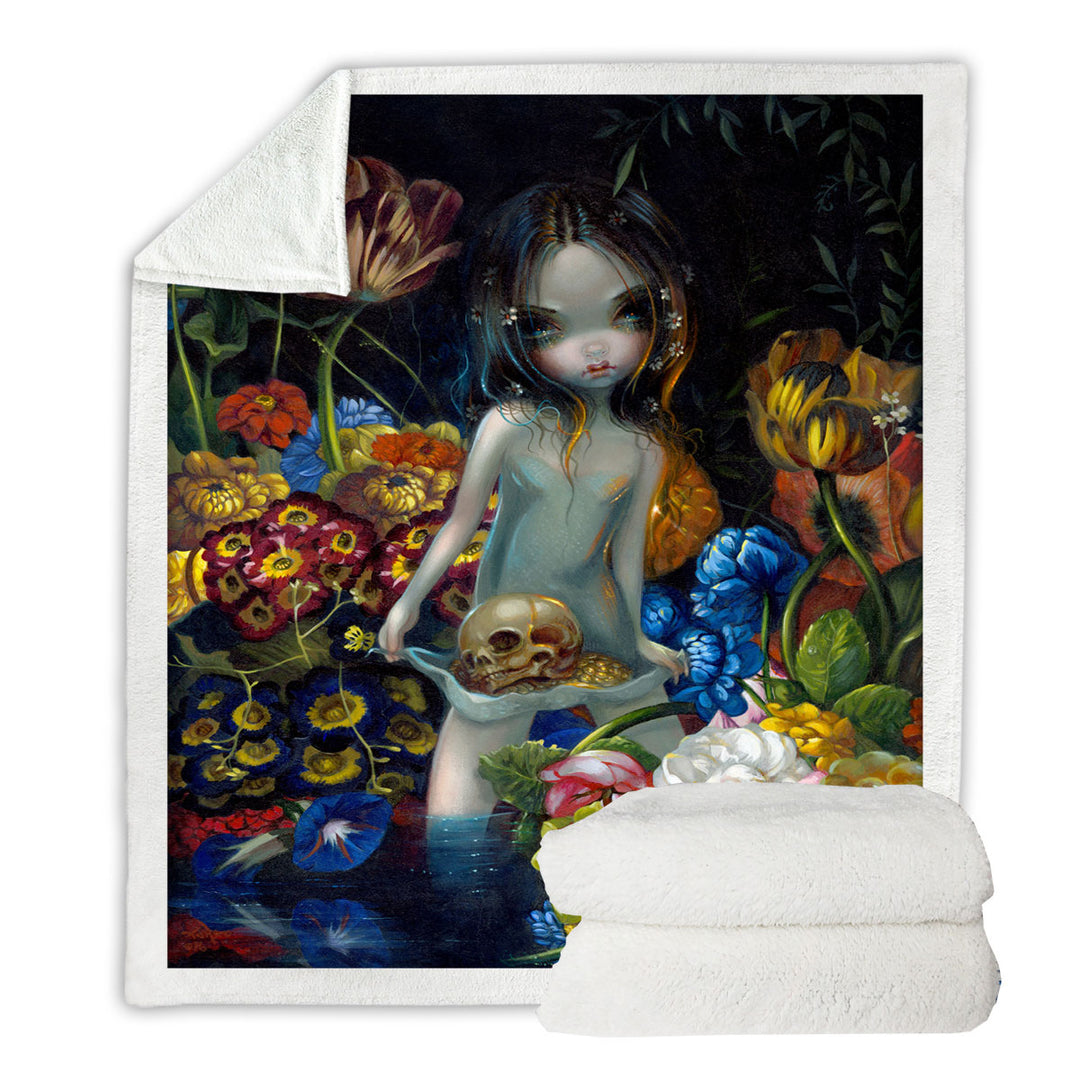 Gothic Throw Blanket Art The Offering Forest Nymph Girl with Skull