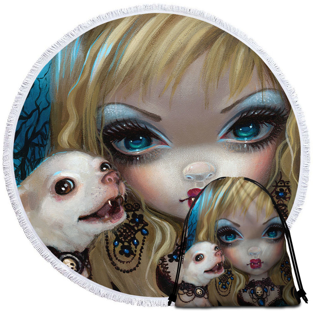Gothic Vampire Round Beach Towel Faces of Faery _235 Gothic Vampire Girl and Her Dog