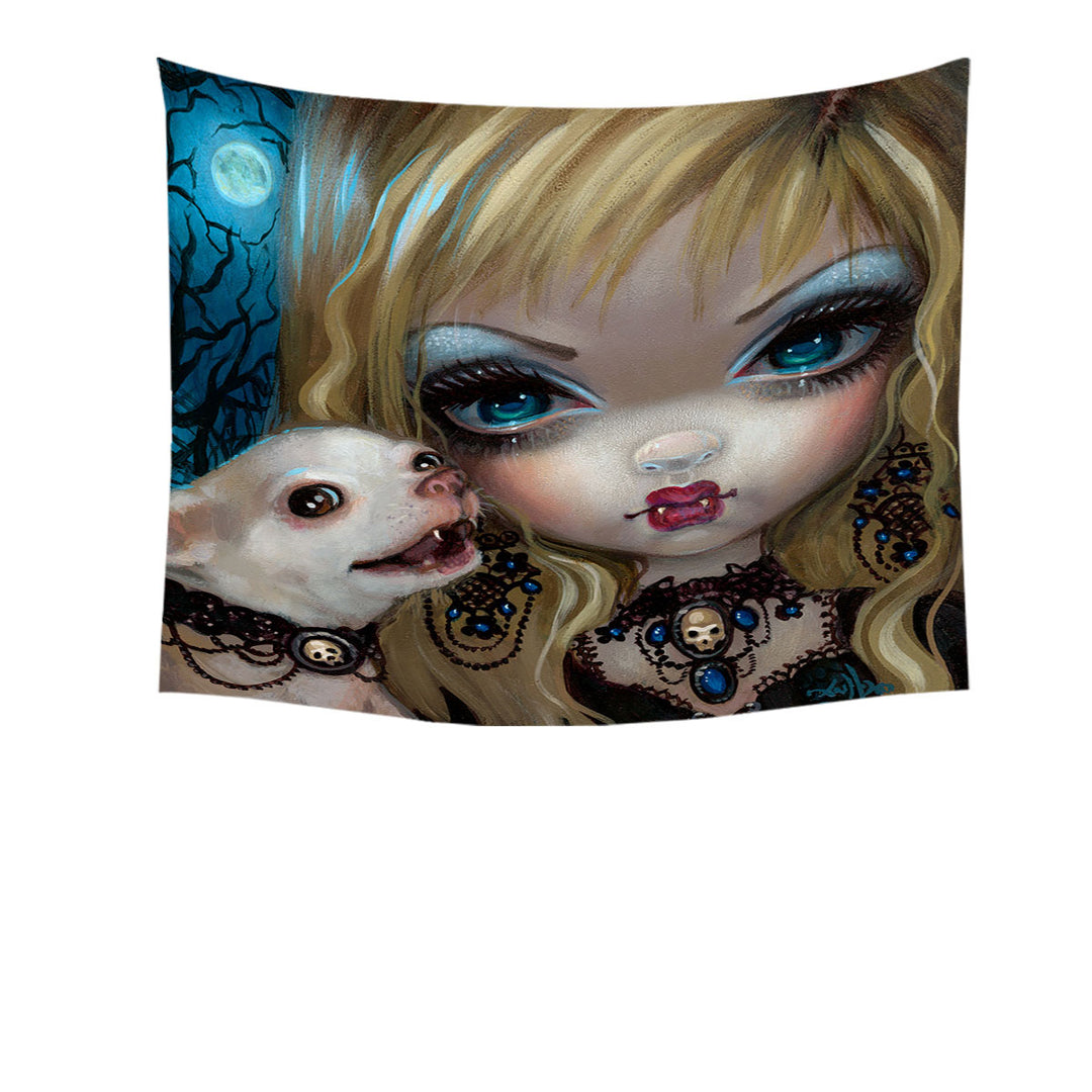 Gothic Vampire Wall Decor Faces of Faery _235 Gothic Vampire Girl and Her Dog Tapestry