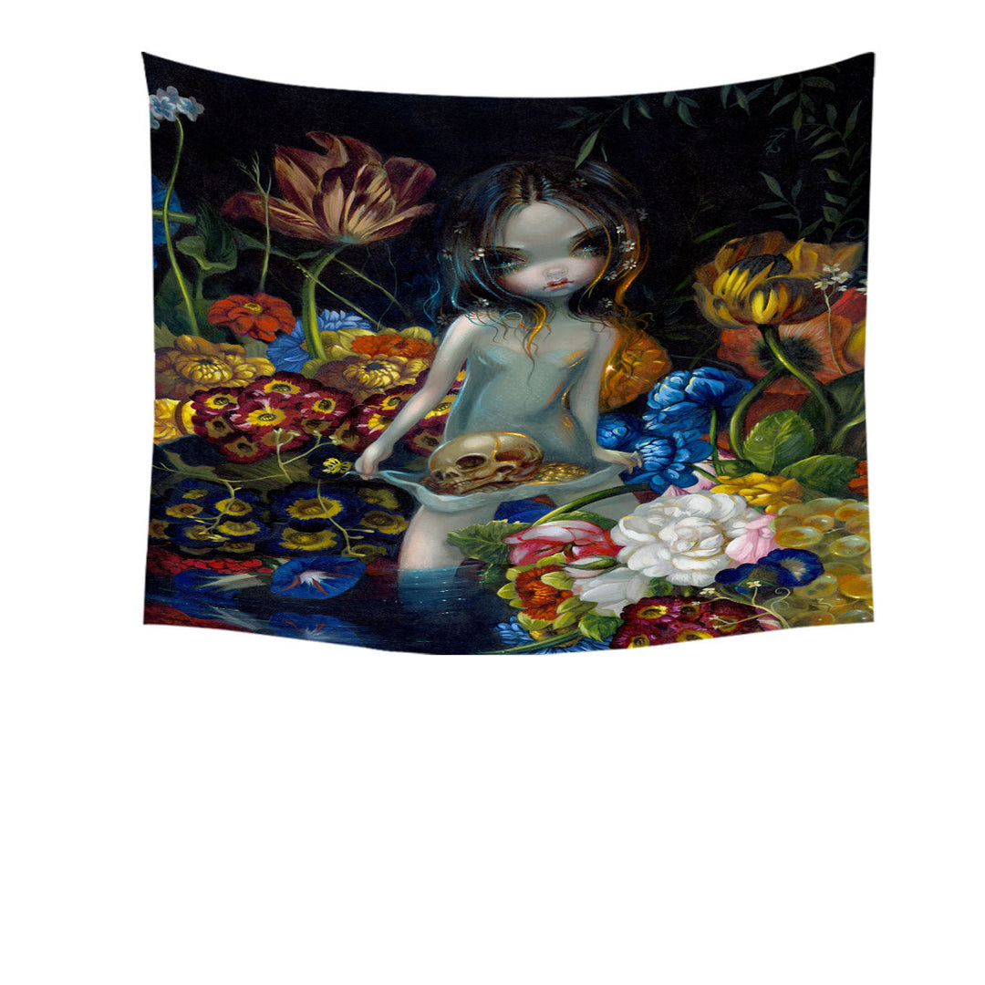 Gothic Wall Prints Art The Offering Forest Nymph Girl with Skull Tapestry