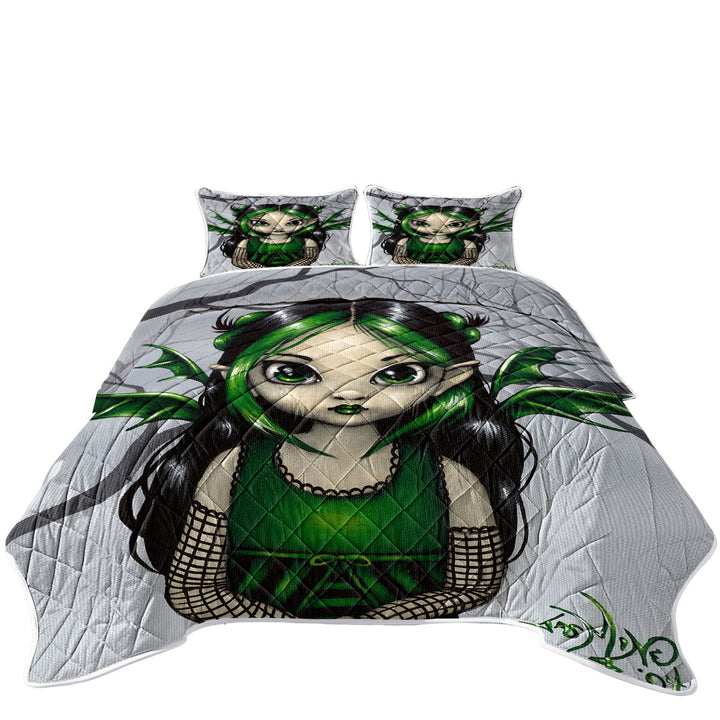 Gothling Cute Green Goth Fairy in Misty Forest Quilt