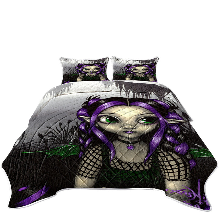 Gothling Cute Purple Goth Elf Girl in Eerie Swamp King Size Quilt