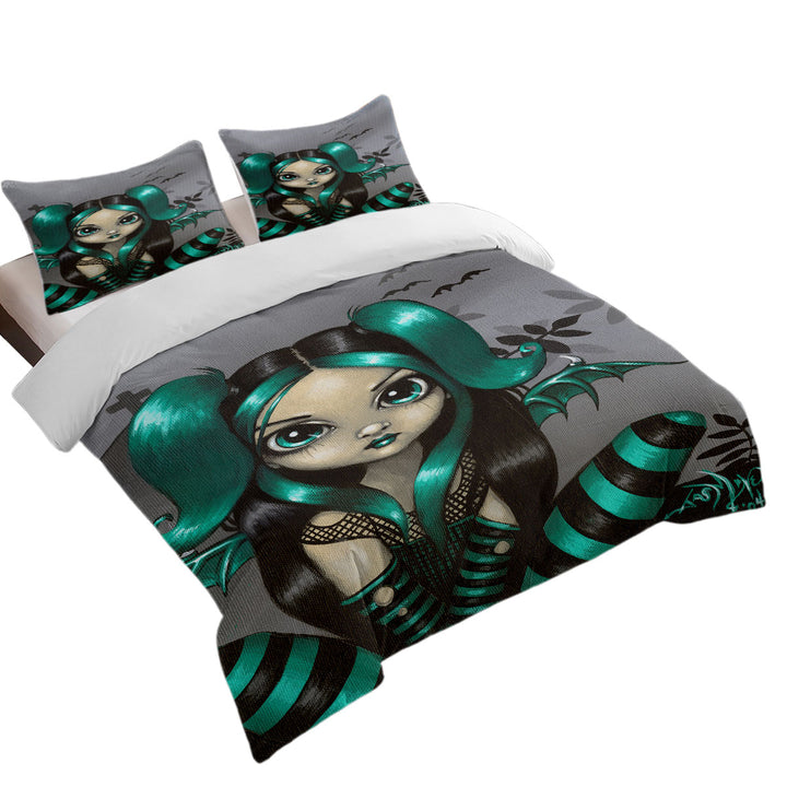 Gothling Green Haired Goth Fairy Cemetery and Bats Duvet Covers