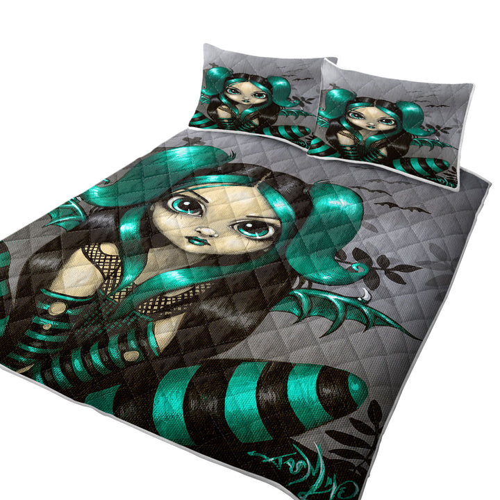Gothling Green Haired Goth Fairy Cemetery and Bats King Size Quilt