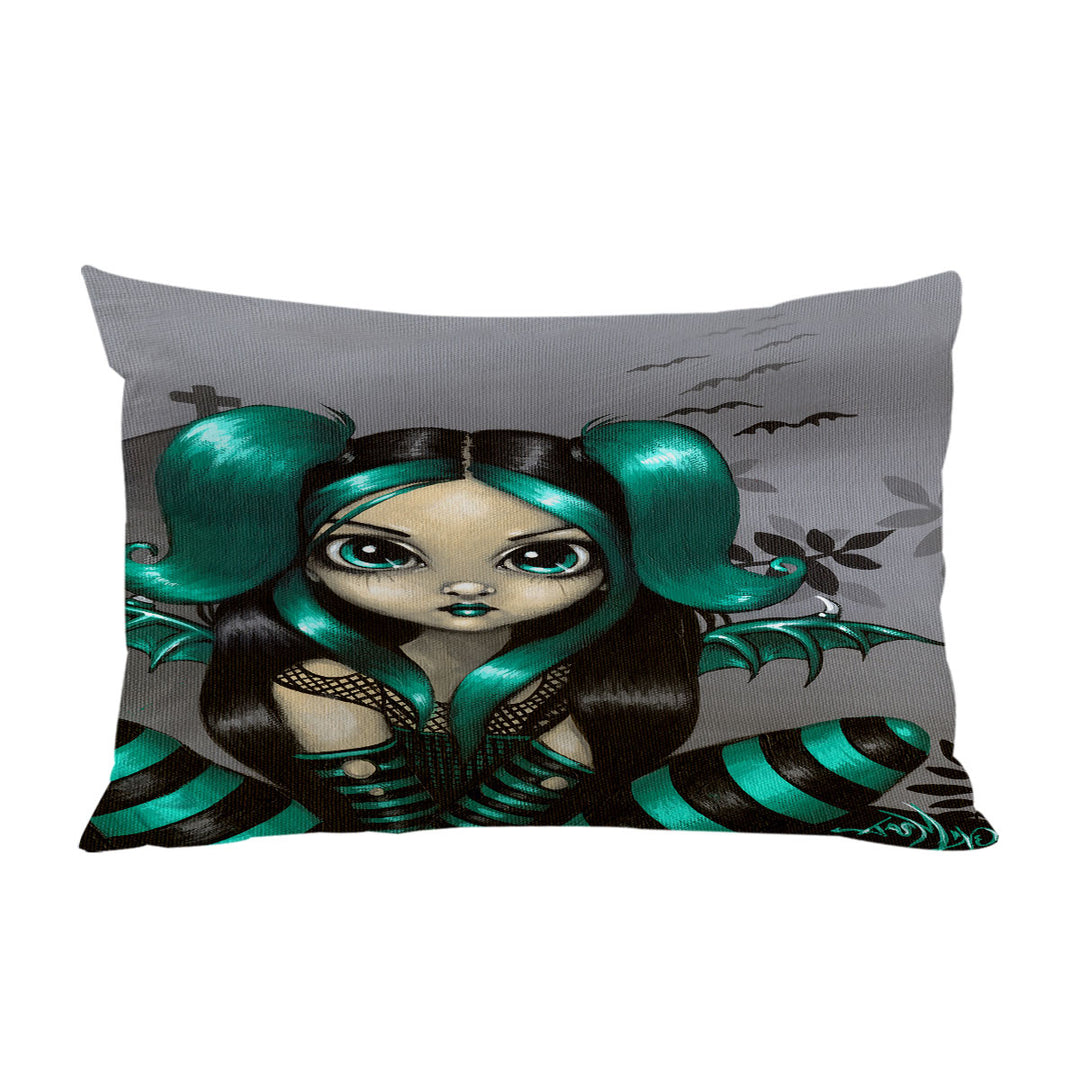Gothling Green Haired Goth Fairy Cemetery and Bats Pillow Cases