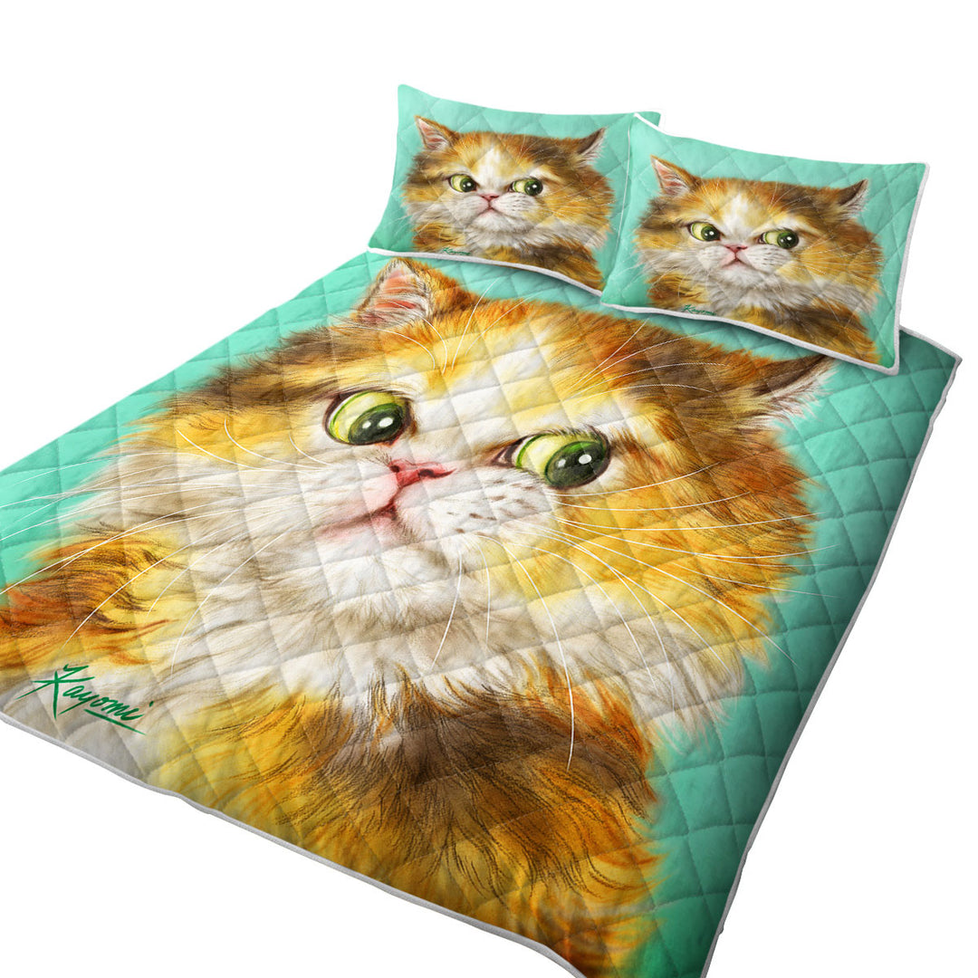 Green Background Painted Furry Ginger Cat Coverlet