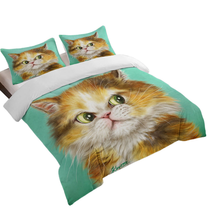 Green Background Painted Furry Ginger Cat Coverlets