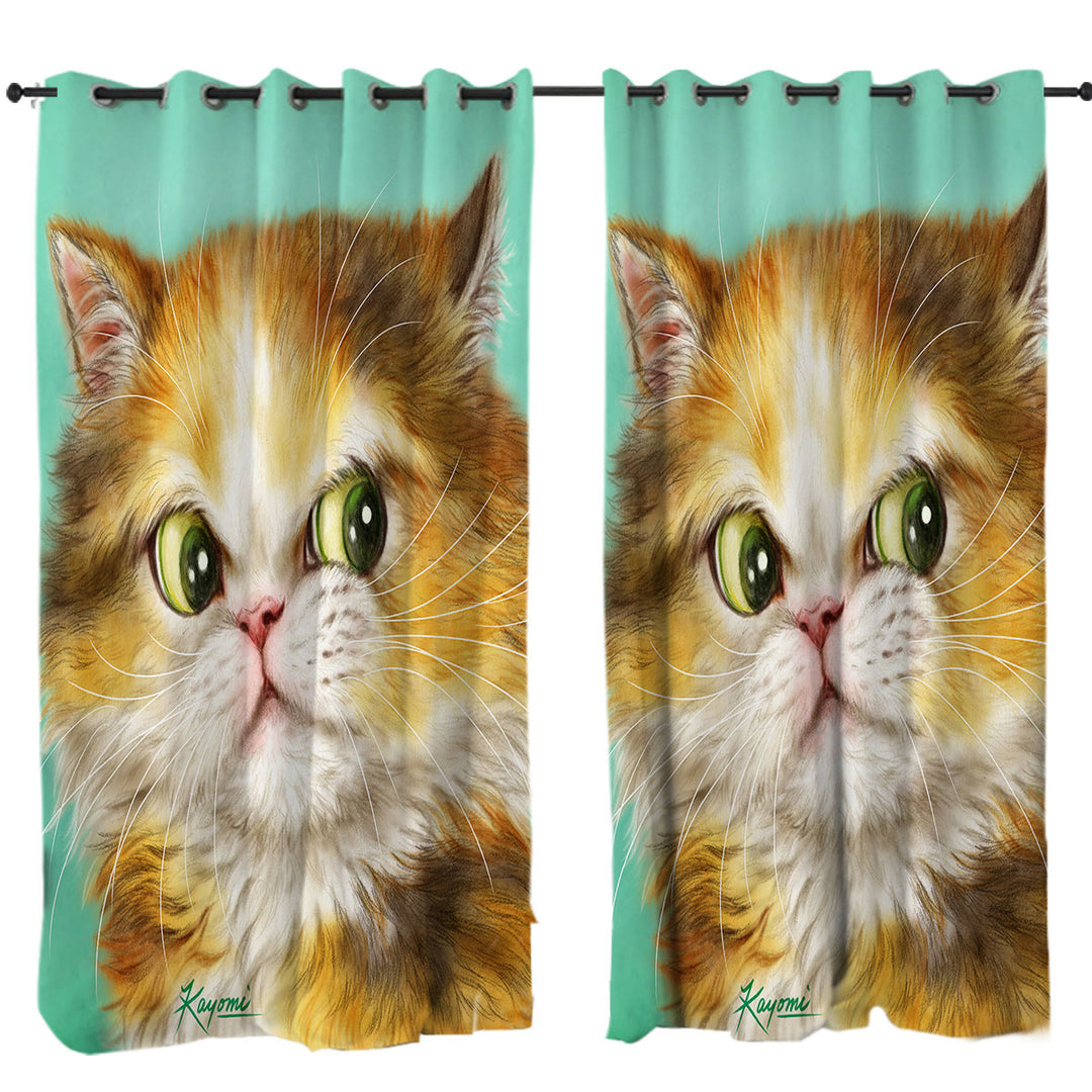 Green Background Painted Furry Ginger Cat Drapes