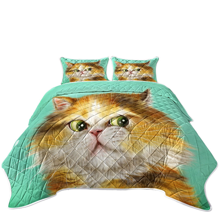 Green Background Painted Furry Ginger Cat King Size Quilt