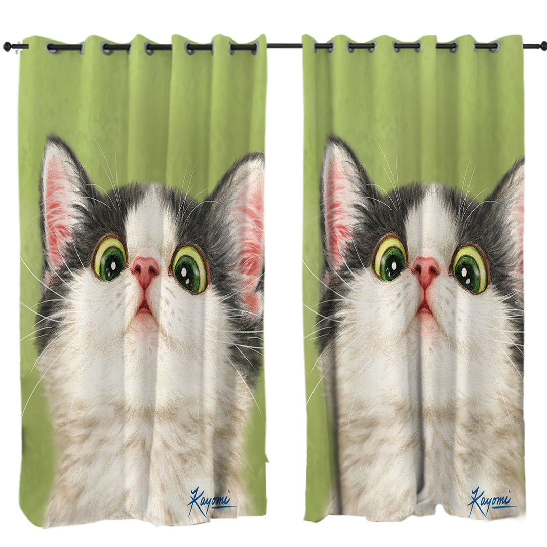 Green Eyes Grey White Kitten Cat Curtains