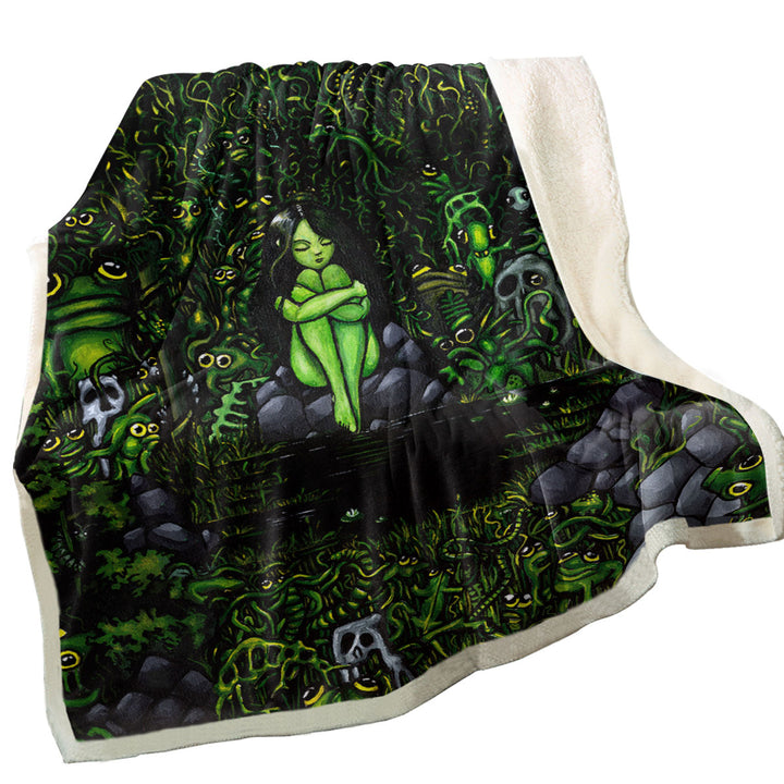 Green Fleece Blankets Wood Nymph Girl Surrounded by Odd Creatures