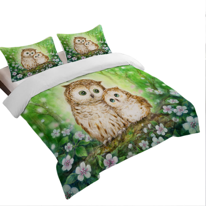 Green Forest and Flowers Owls Cuddle Duvet Covers King