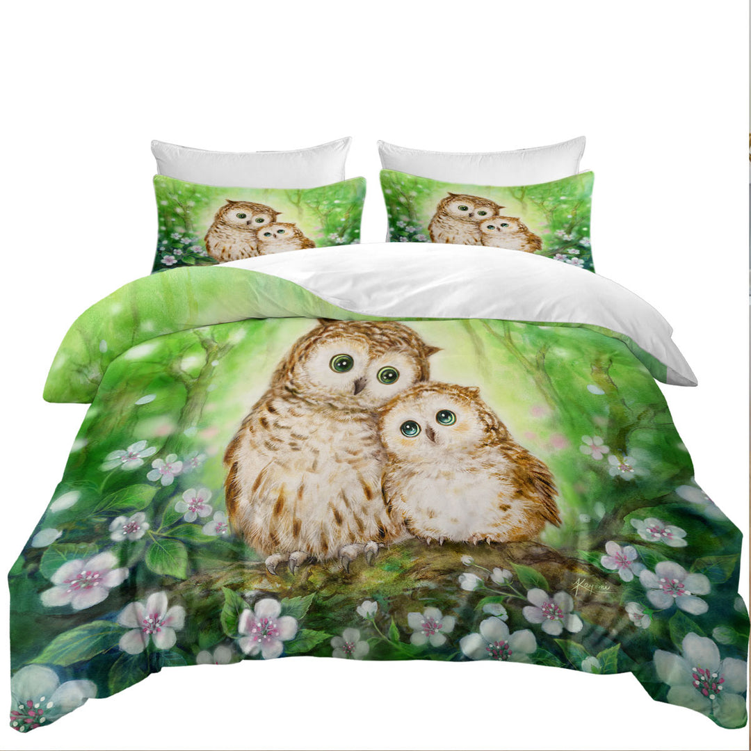 Green Forest and Flowers Owls Cuddle Good Duvet Covers