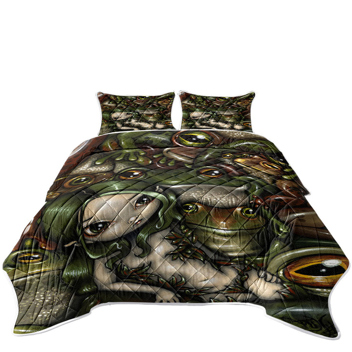 Green Haired Nature Girl Bed of Frogs Quilt