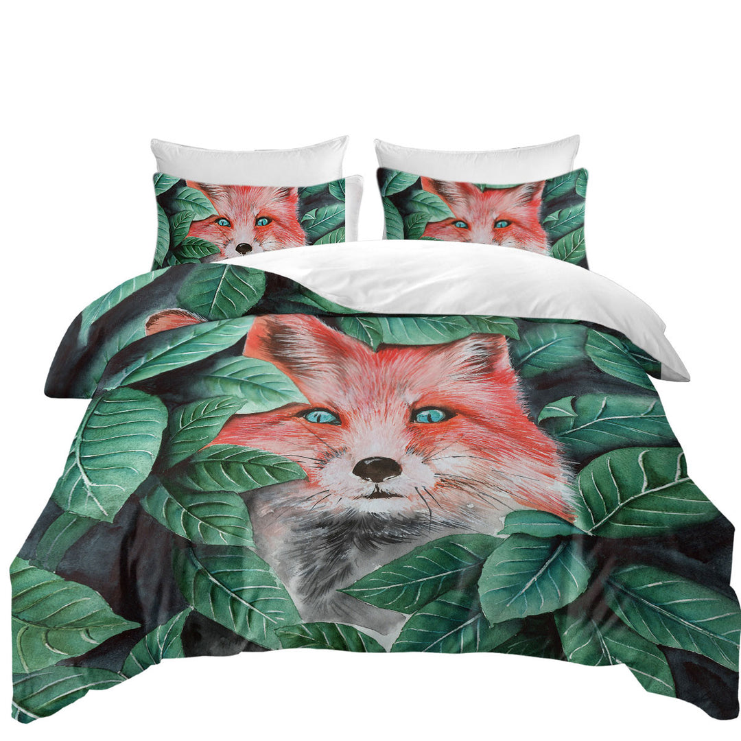 Green Leaves and Cute Hidden Fox King Quilt Cover