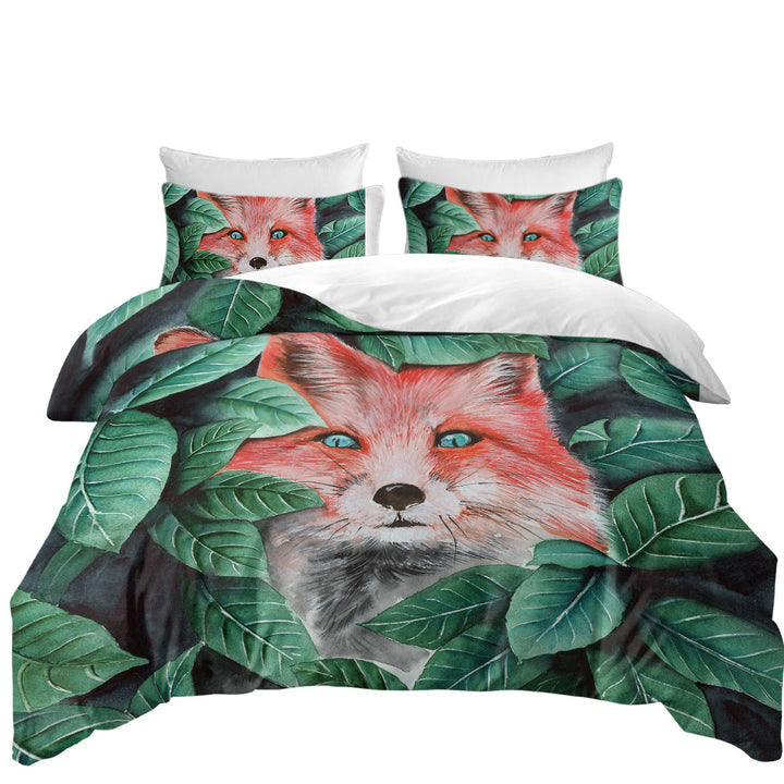 Green Leaves and Cute Hidden Fox King Quilt Cover
