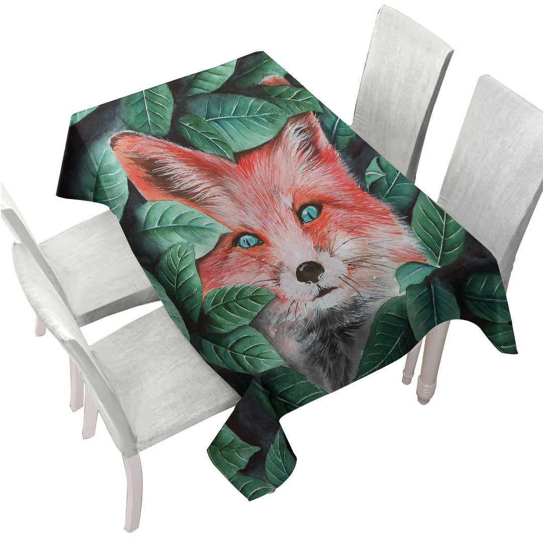 Green Leaves and Cute Hidden Fox Table Cover