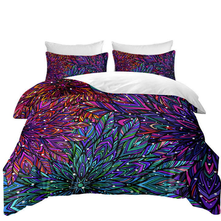 Green Purple Artistic Feathers Design Queen Size Duvet Cover