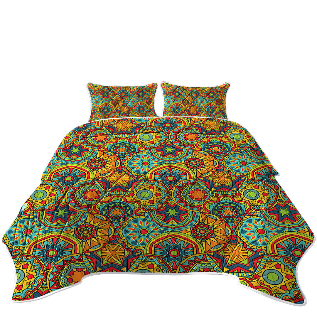 Green Red Blue Messy Mandalas King Size Bedspreads