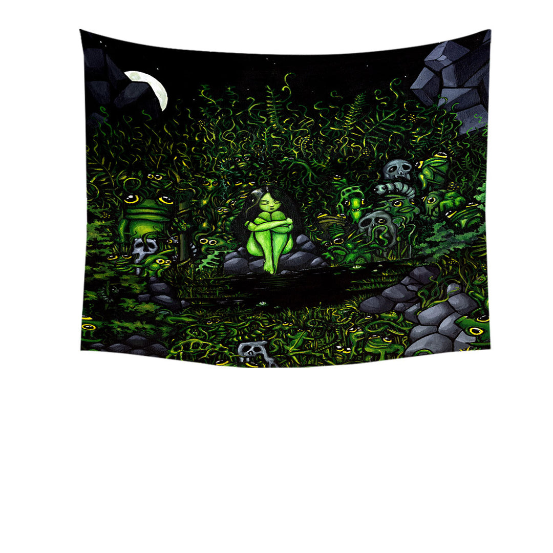 Green Tapestry Wood Nymph Girl Surrounded by Odd Creatures