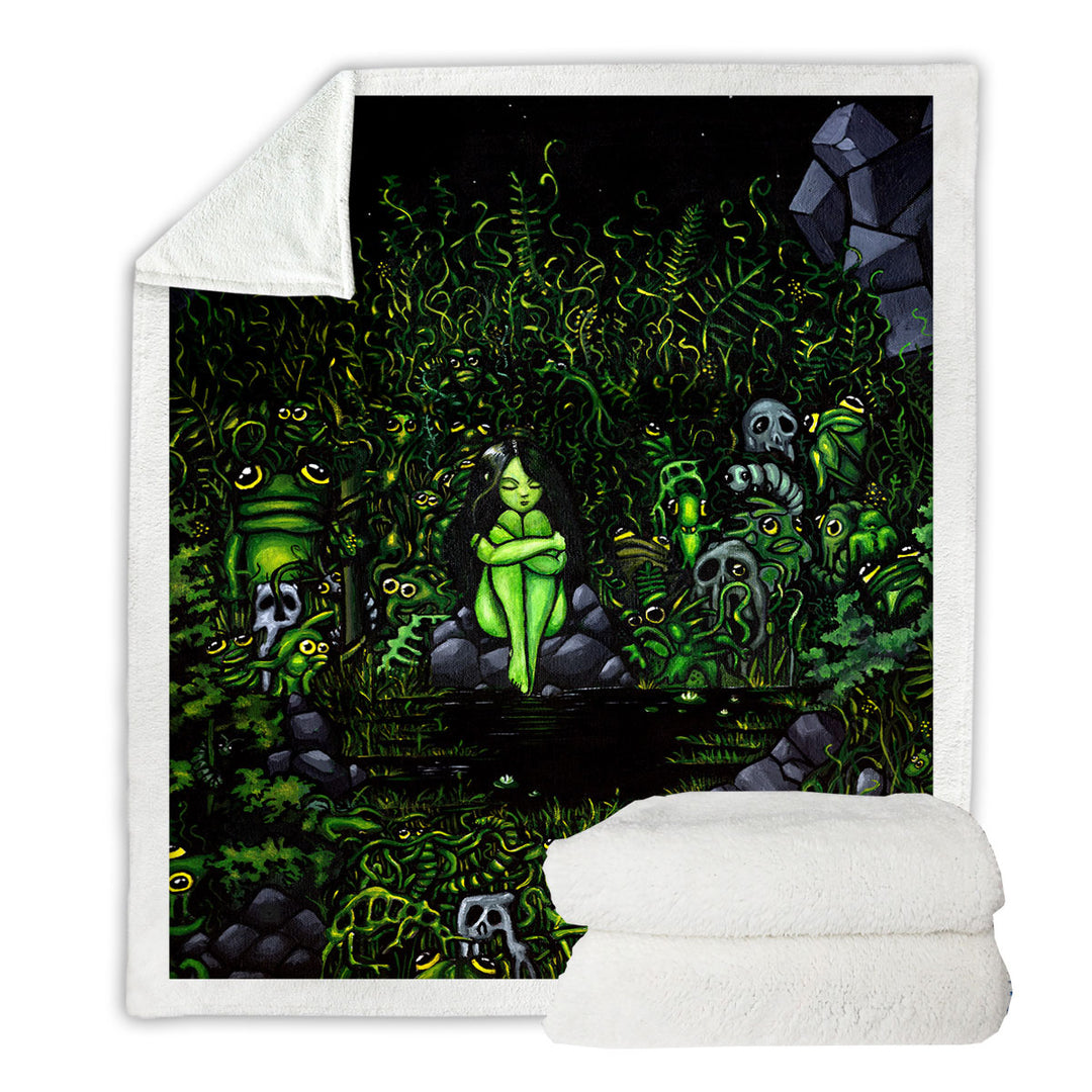 Green Throw Blanket Wood Nymph Girl Surrounded by Odd Creatures