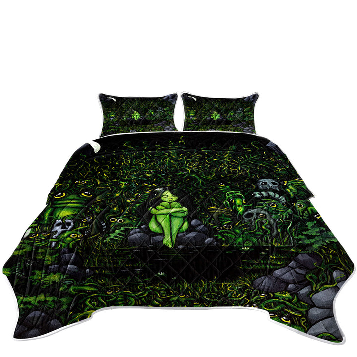 Green Wood Nymph Girl Surrounded by Odd Creatures Quilts
