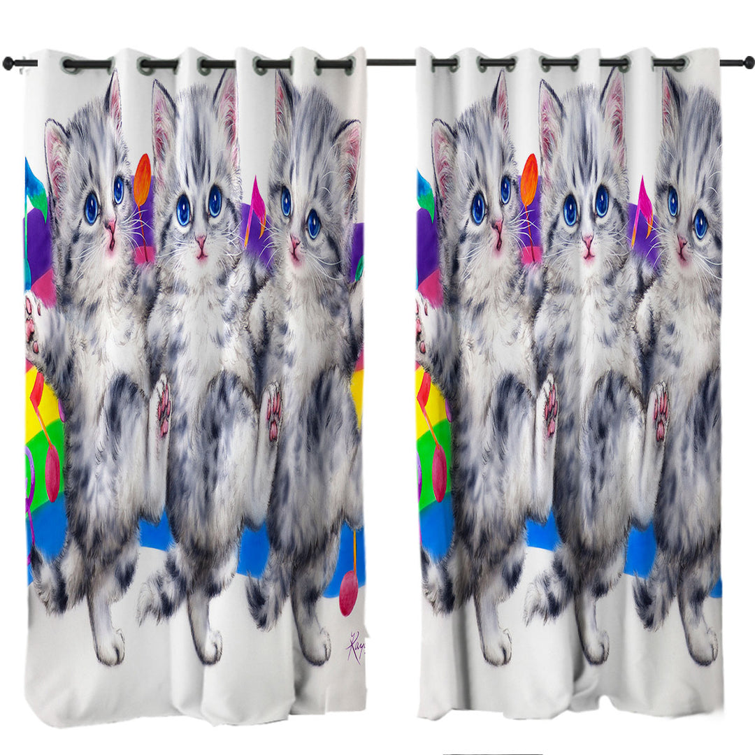 Grey Kittens Rainbow Colorful Music Notes Dance Drapery
