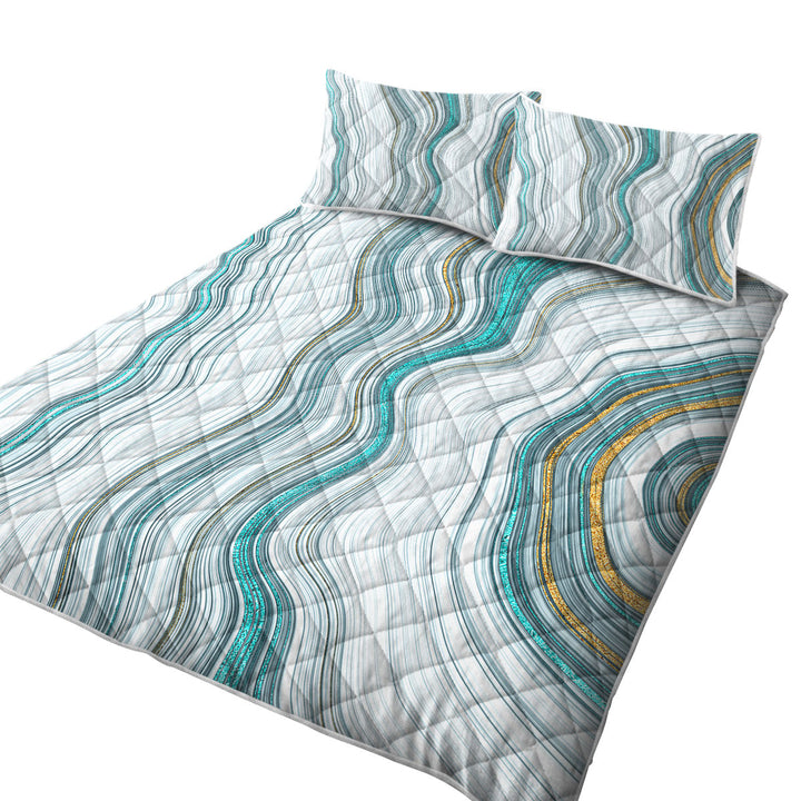 Greyish Blue and Golden Marble California King Quilt Sets
