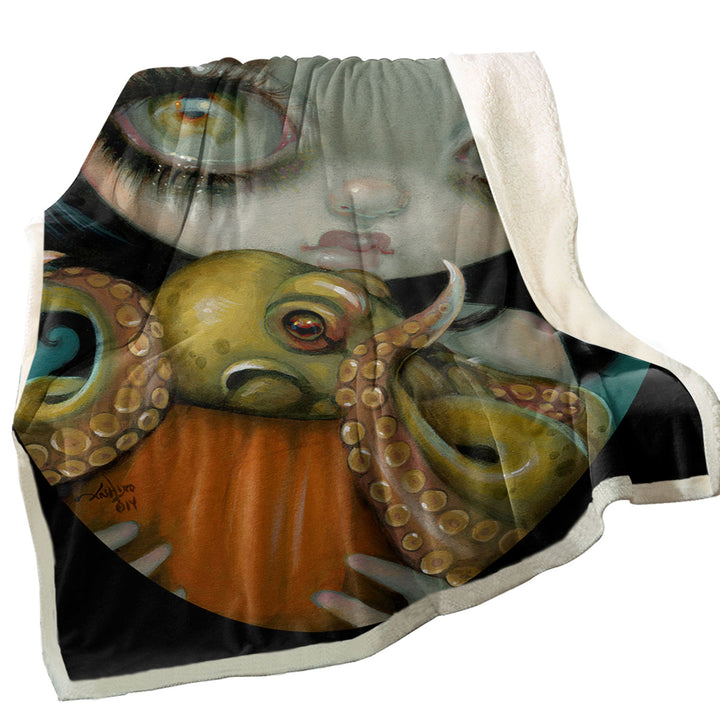 Halloween Decorative Throws Gothic Girl Hold Pumpkin with Octopus