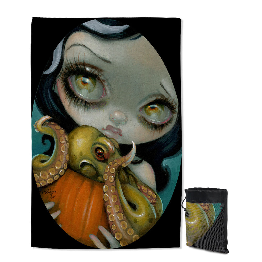 Halloween Giant Beach Towel Gothic Girl Hold Pumpkin with Octopus