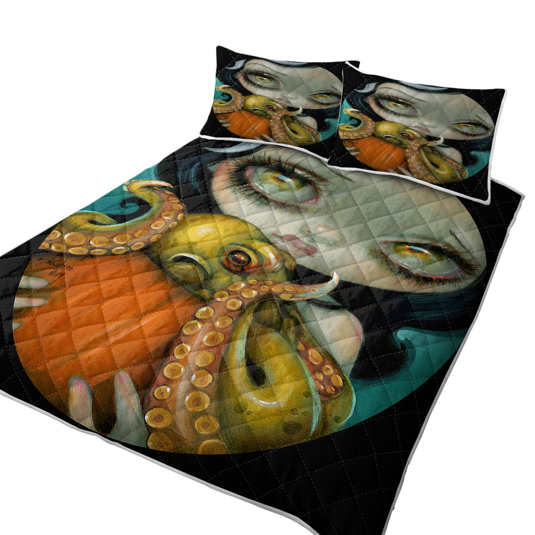 Halloween Gothic Girl Hold Pumpkin with Octopus Coverlets