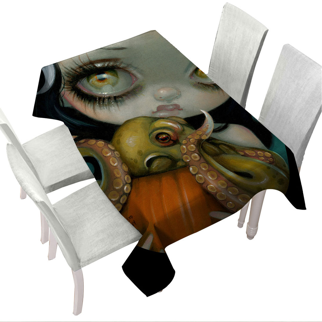 Halloween Gothic Girl Hold Pumpkin with Octopus Tablecloths
