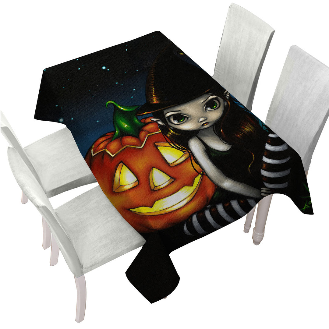 Halloween Night Big Eyed Witch and Pumpkin Custom table Covers