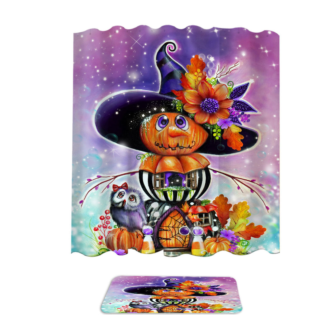 Halloween Shower Curtain with Pumpkin Witch Jack O Man Halloween House